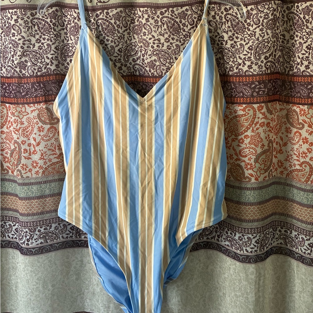 aerie Striped One-Piece Swimsuit in Light Blue and Beige